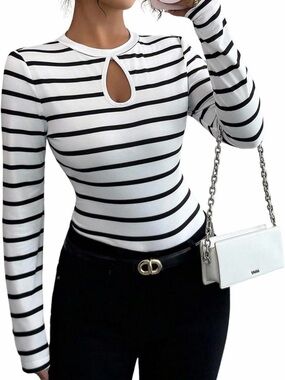 💝FREE Gift💝 Striped Keyhole Long-Sleeve Top - White/Black. Lightweight shirt M.